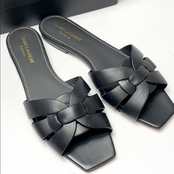 Saint Laurent Shoes - Saint Laurent Tribute black leather flat sandals